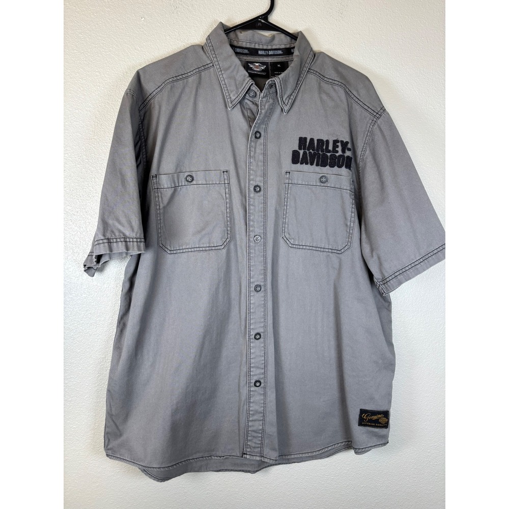 Harley Davidson Mens Gray Short Sleeve Eagle Graphic Logo Button Down Shirt XL
